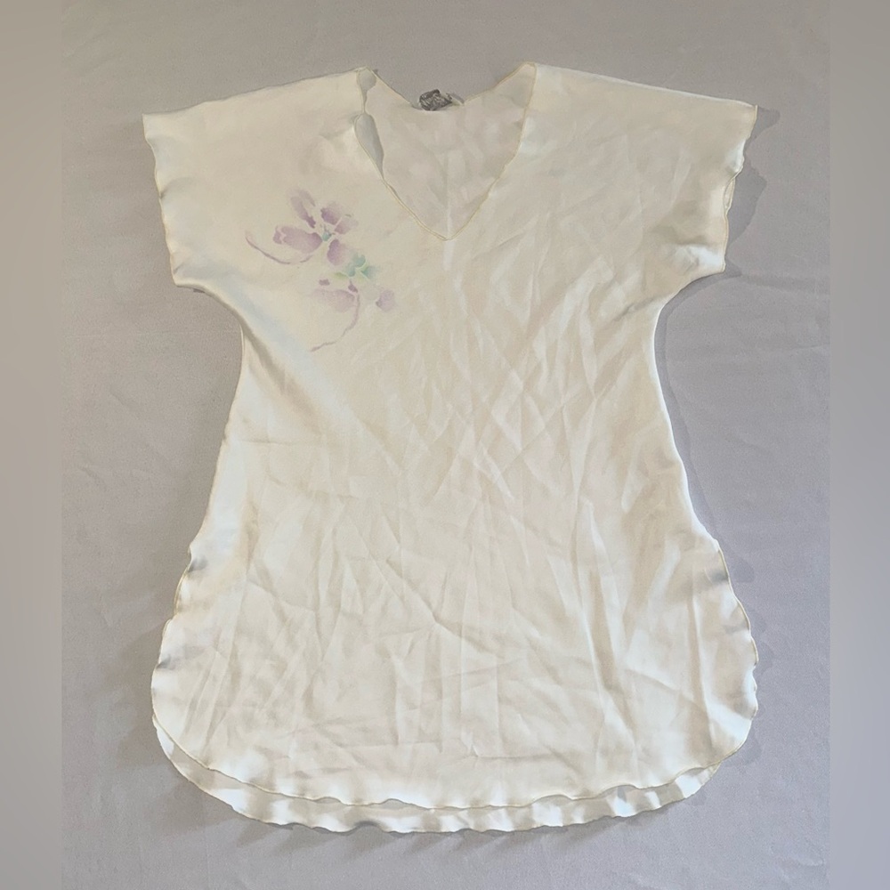 Miss Elaine • Vintage Silky Satin Nightgown High-Low Side Slits Flowers Petite - Picture 6 of 9